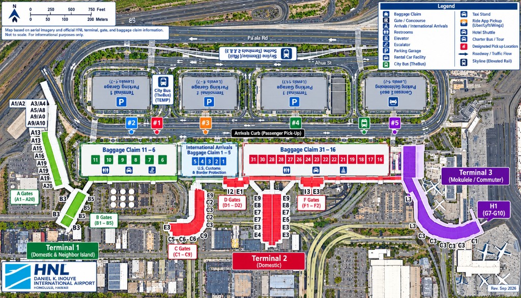 Map of Daniel K. Inouye International Airport, Pearl Harbor, Ala Moana, Downtown Honolulu, and Waikiki