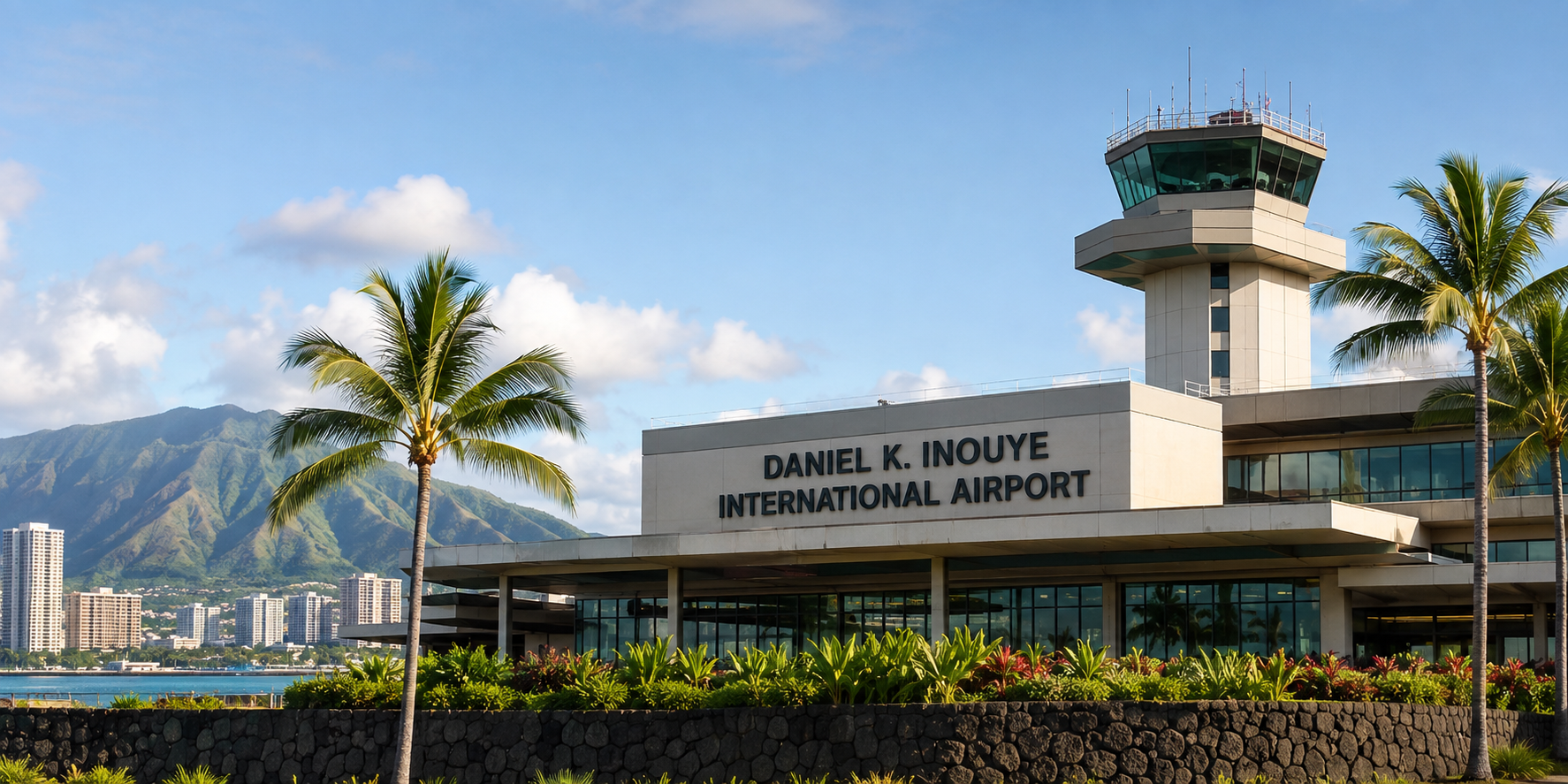 Daniel K. Inouye International Airport terminal and control tower under tropical skies