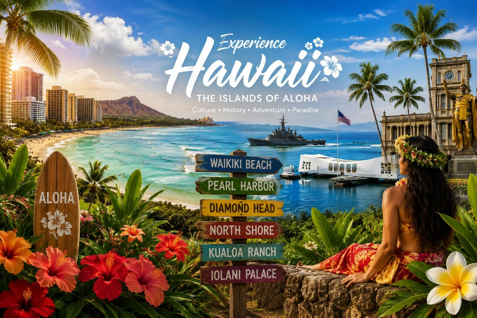 Experience Hawaii with Waikiki Beach, Diamond Head, Pearl Harbor, King Kamehameha, tropical flowers, and Oahu attractions