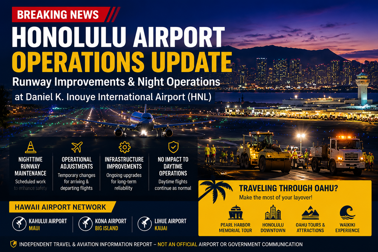 Honolulu International Airport construction and runway operations update at night with aircraft, vehicles, and Honolulu skyline