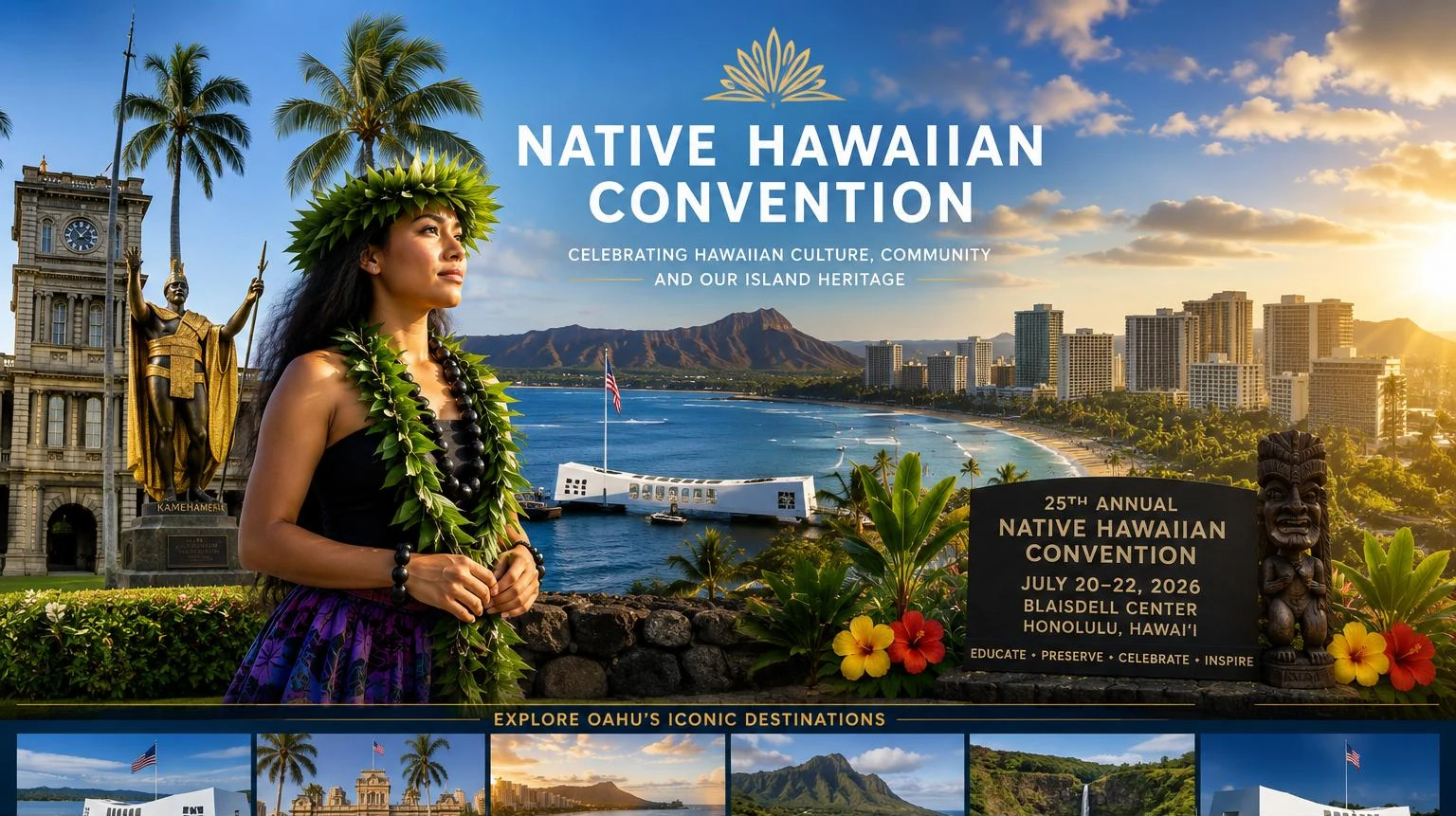 Native Hawaiian Convention in Honolulu featuring Hawaiian culture, King Kamehameha, Diamond Head, Waikiki, and Pearl Harbor