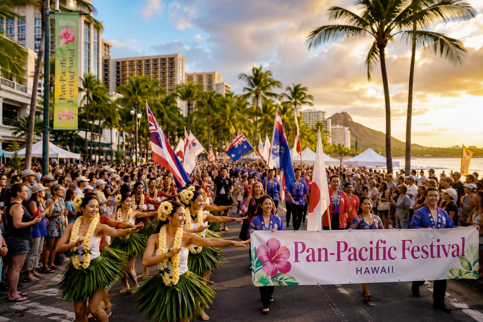 Pan-Pacific Festival parade in Waikiki with performers, flags, and a crowd near Diamond Head