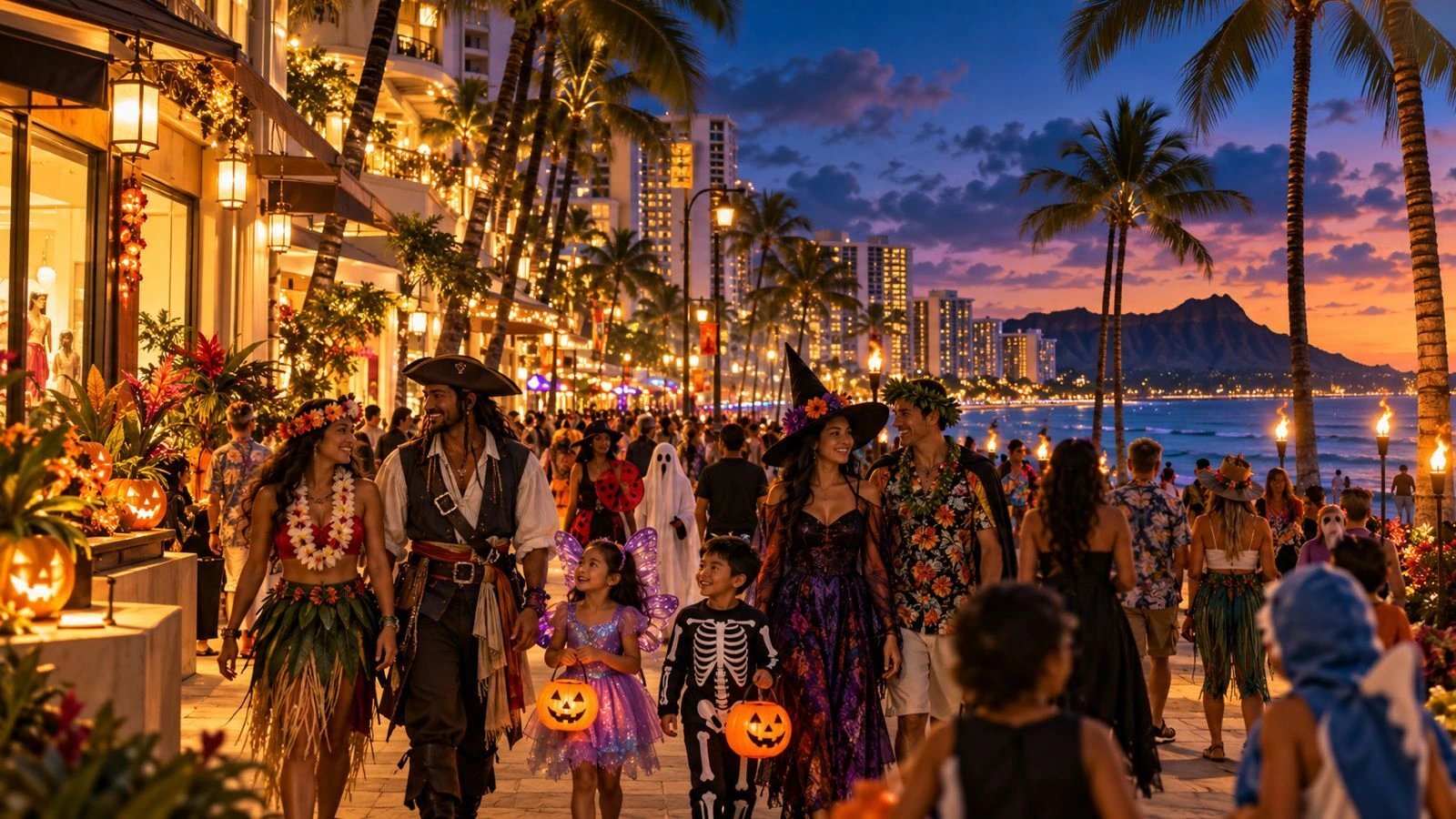 Waikīkī at night during Halloween, with palm-lined Kalākaua Avenue and island evening lights