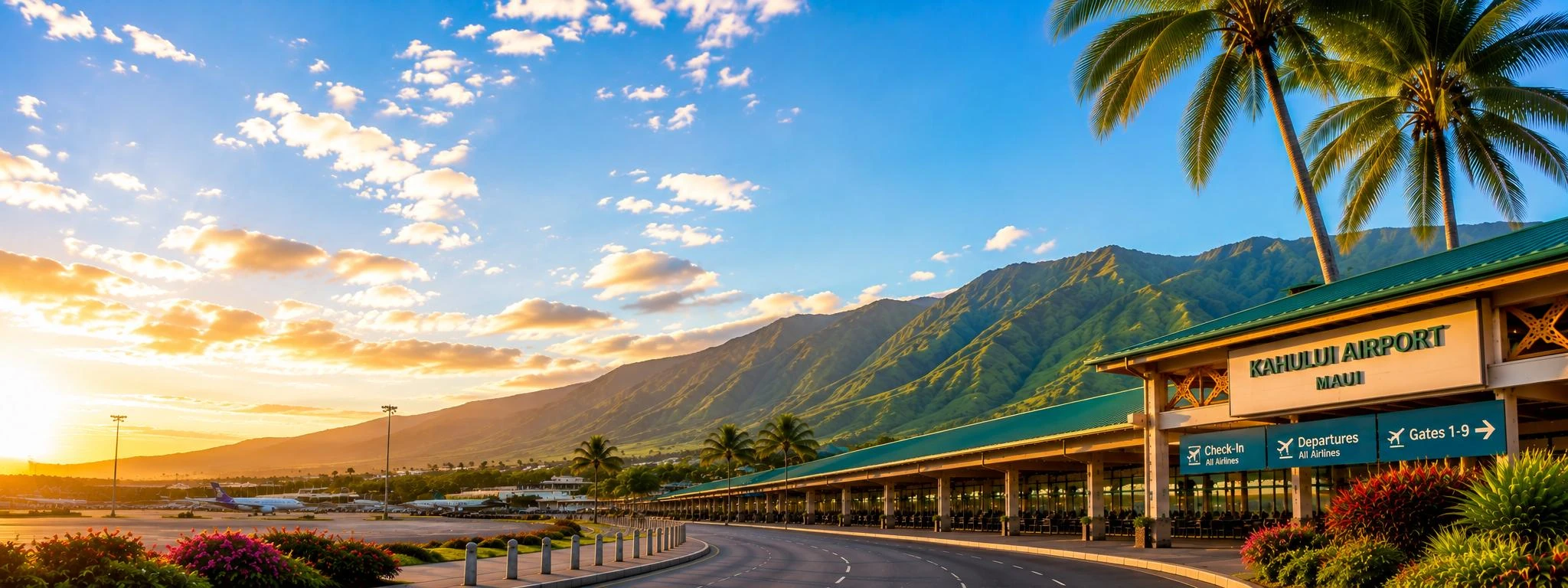 Kahului Airport on Maui with palm trees and the West Maui Mountains